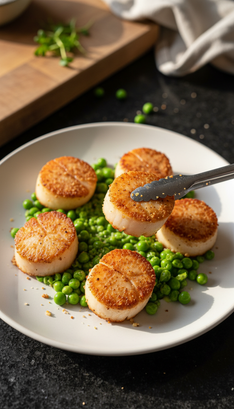 Crispy Seared Scallops with Peas